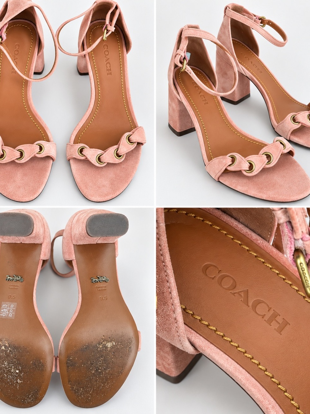 COACH Blush Pink Suede Block Heel Sandals with Ankle Strap